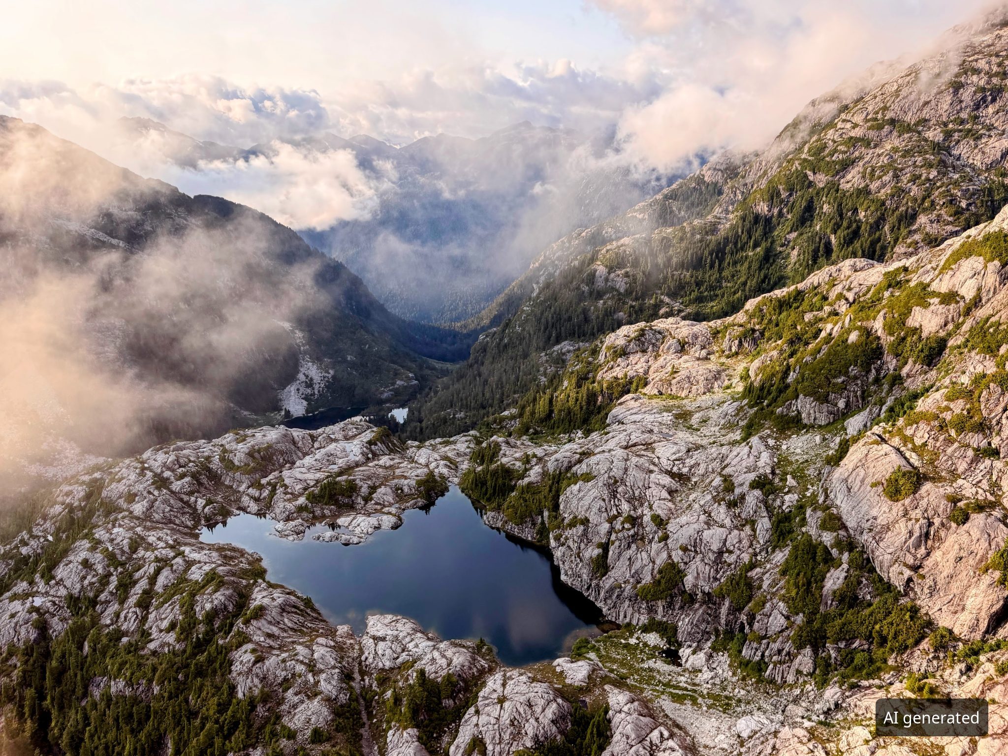 Kleiner Bergsee zwischen Felsen, darüber ziehen Wolken (KI-generiertes Bild)