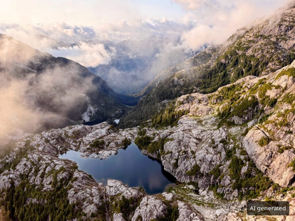 Kleiner Bergsee zwischen Felsen, darüber ziehen Wolken (KI-generiertes Bild)