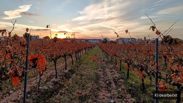 Rotes Herbstlaub in einer Rebzeile bei Sonnenuntergang (KI-bearbeitetes Bild)