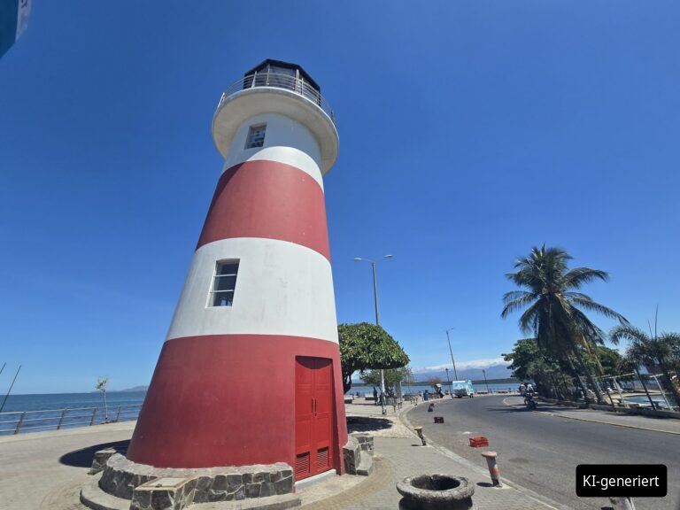 Rot-weiß gestreifter Leuchtturm an einer Uferpromenade (KI-generiertes Bild)