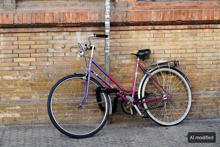 Violettes Damenrad lehnt an einer gelben Ziegelmauer (KI-bearbeitetes Bild)