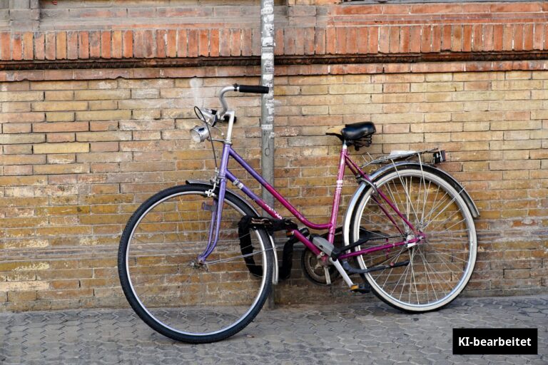 Violettes Damenrad lehnt an einer gelben Ziegelmauer (KI-bearbeitetes Bild)