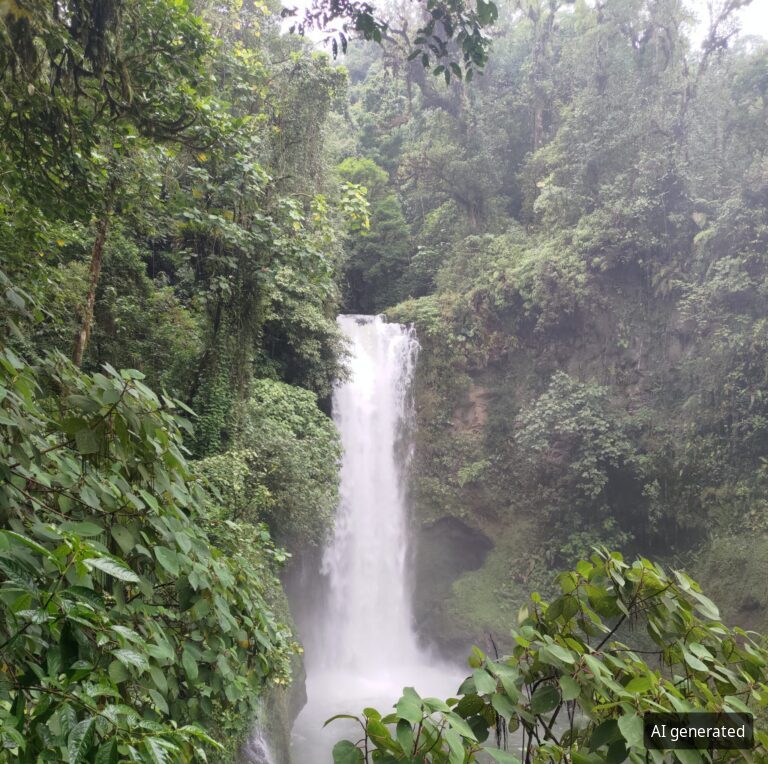 Hoher Wasserfall inmitten von dichtem Grün (KI-generiertes Bild)