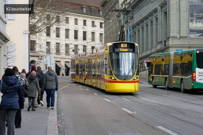 Gelbe Straßenbahn in einer Altstadtstraße mit Fußgängern (KI-bearbeitetes Bild)