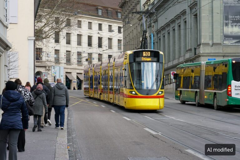 Gelbe Straßenbahn in einer Altstadtstraße mit Fußgängern (KI-bearbeitetes Bild)