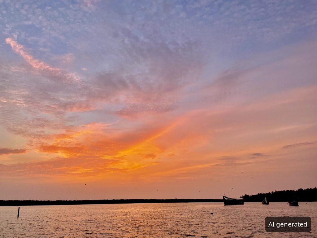 Orange und violett glühender Abendhimmel über einem See