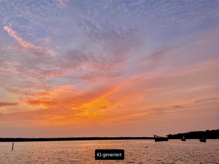 Orange und violett glühender Abendhimmel über einem See (KI-generiertes Bild)