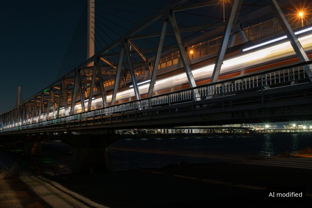 Beleuchtete Eisenbahnbrücke bei Nacht