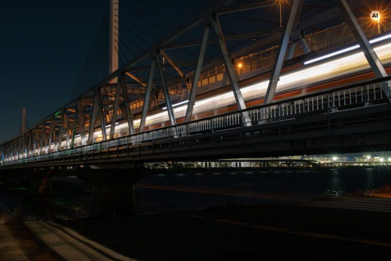 Beleuchtete Eisenbahnbrücke bei Nacht (KI-bearbeitetes Bild)