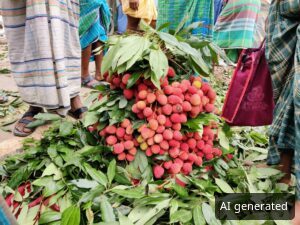 Frische Litschis mit Blättern auf einem Marktstand (KI-generiertes Bild)