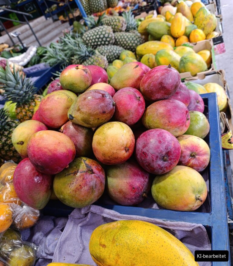 Stapel reifer Mangos und Ananas an einem Obststand (KI-bearbeitetes Bild)