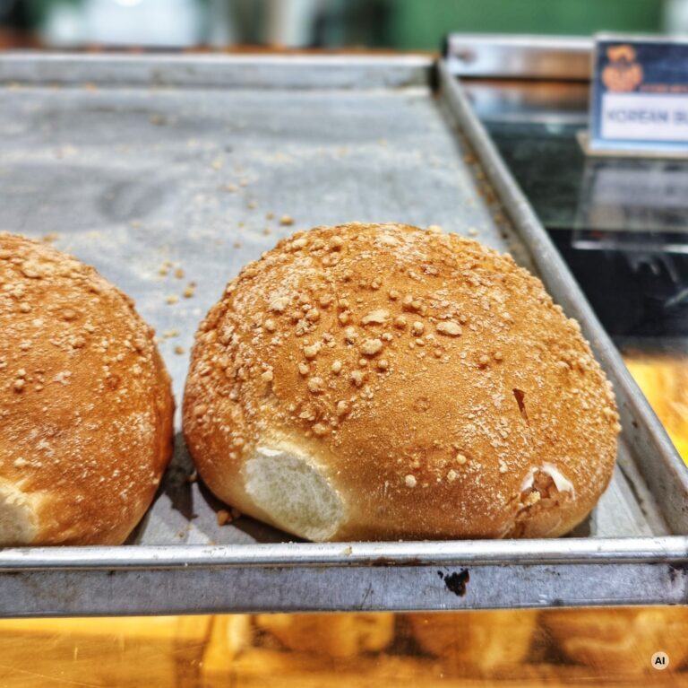 Goldbraune Sesambrötchen auf einem Backblech (KI-generiertes Bild)