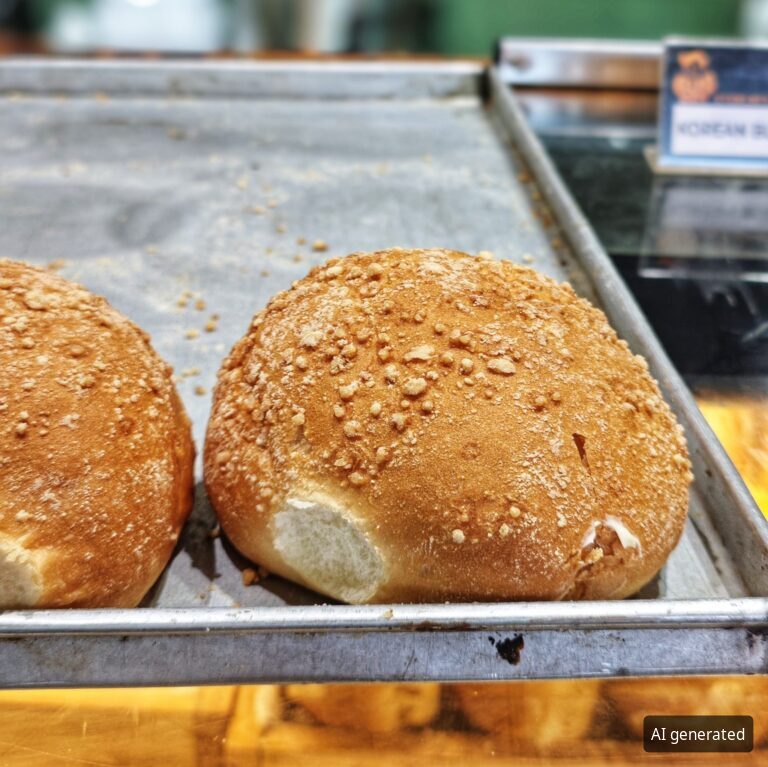 Goldbraune Sesambrötchen auf einem Backblech (KI-generiertes Bild)