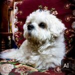Kleiner weißer Hund auf einem rot gemusterten Sessel (KI-bearbeitetes Bild)
