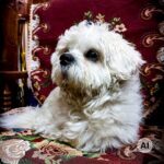 Kleiner weißer Hund auf einem rot gemusterten Sessel (KI-bearbeitetes Bild)