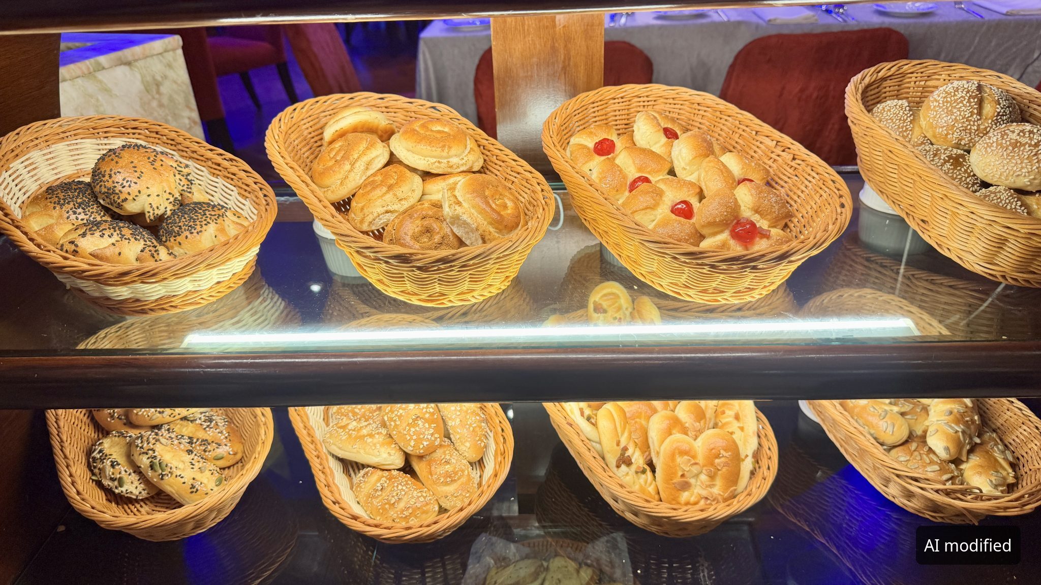 Körbe mit Gebäck in einer beleuchteten Vitrine (KI-bearbeitetes Bild)